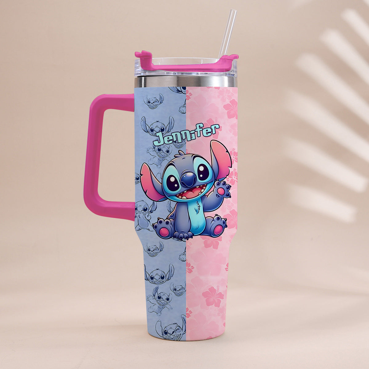 Personalized Pink and Blue Ohana Tumbler with Handle Custom Name Gift for Friends Tumbler With Handle GradoCreations