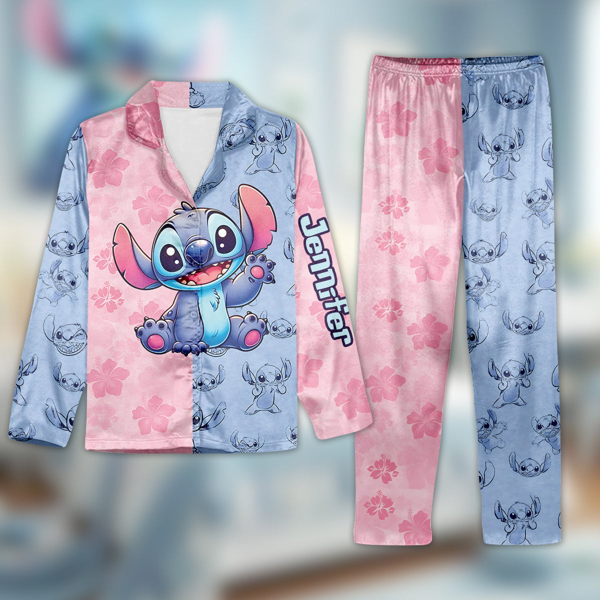 Personalized Satin Button Down Pajamas Set for Mom - Cute Stitch Design Button Down Pajamas GradoCreations