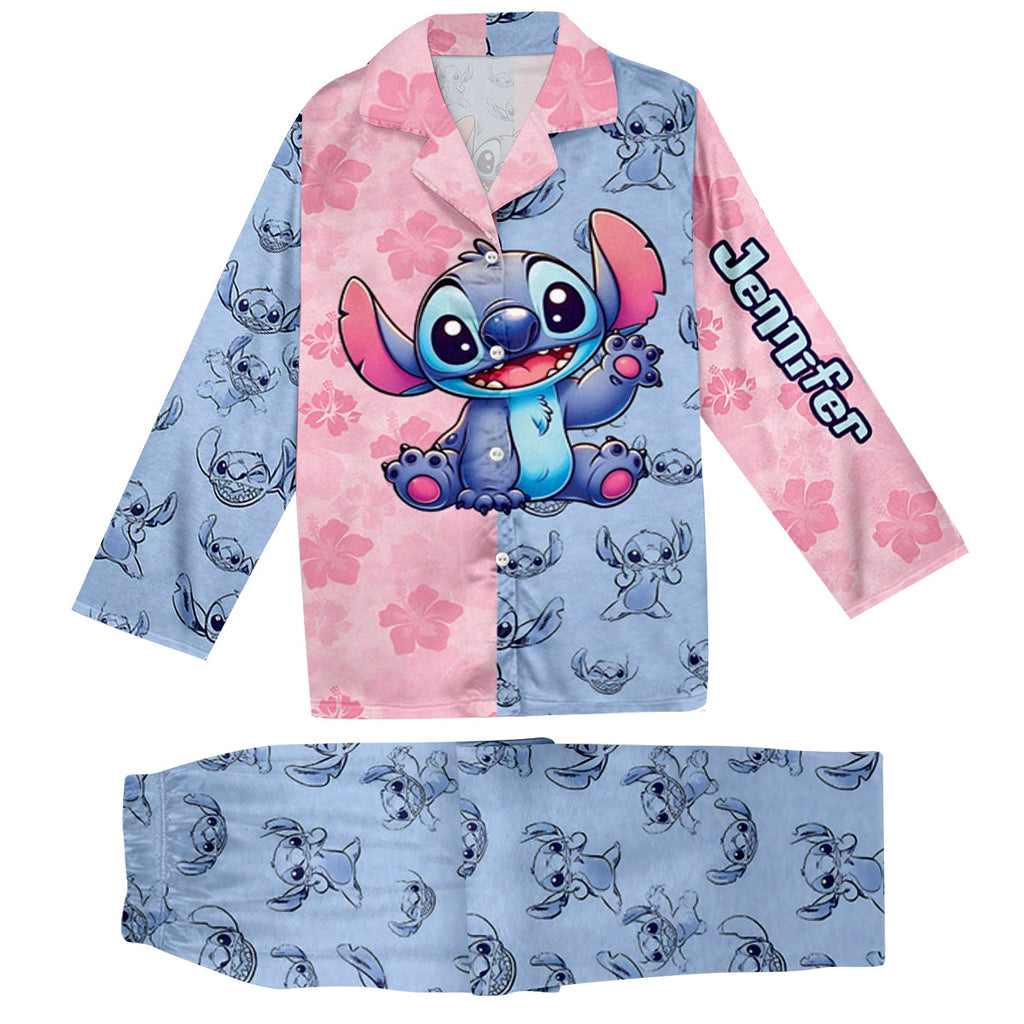 Personalized Satin Button Down Pajamas Set for Mom - Cute Stitch Design Button Down Pajamas GradoCreations