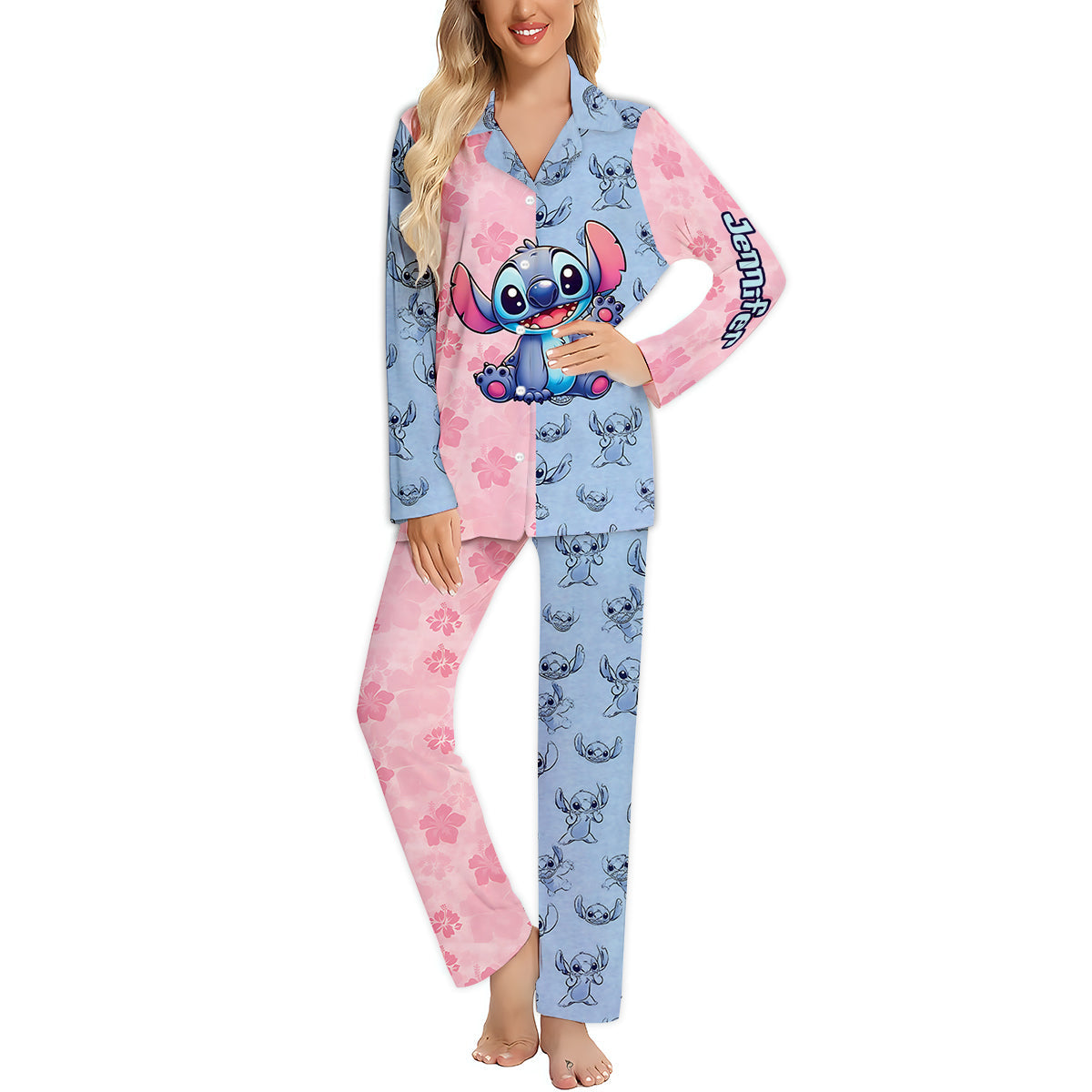 Personalized Satin Button Down Pajamas Set for Mom - Cute Stitch Design Button Down Pajamas GradoCreations