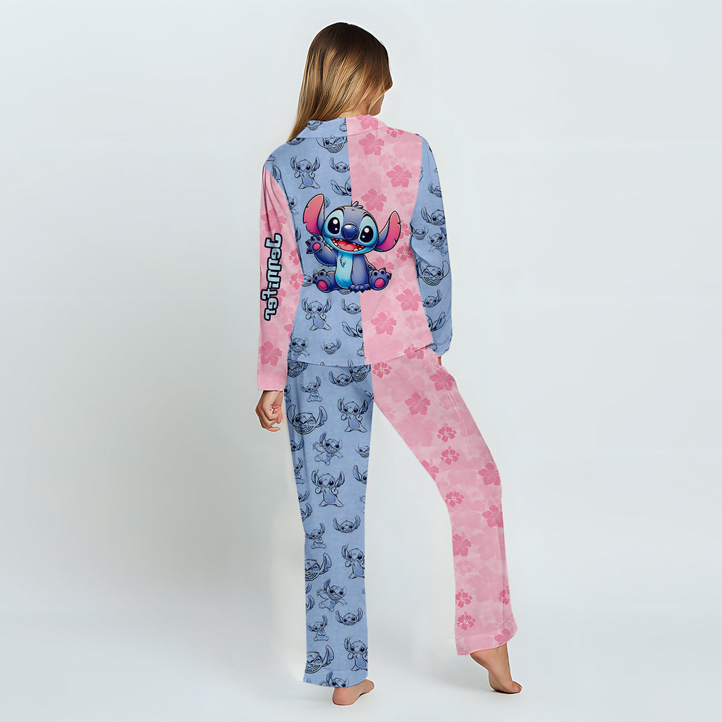 Personalized Satin Button Down Pajamas Set for Mom - Cute Stitch Design Button Down Pajamas GradoCreations