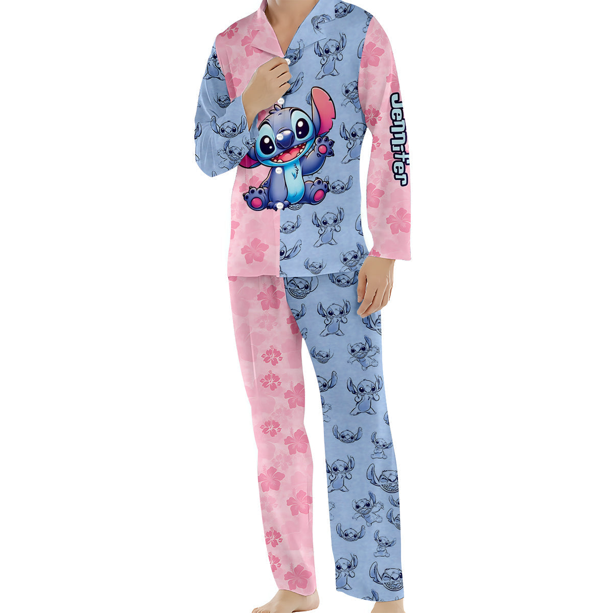 Personalized Satin Button Down Pajamas Set for Mom - Cute Stitch Design Button Down Pajamas GradoCreations