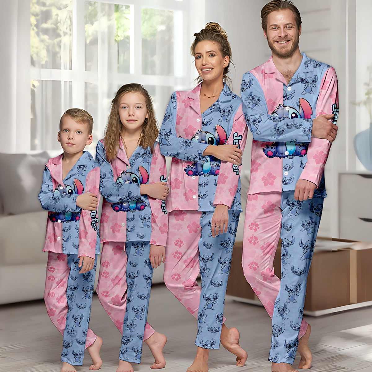 Personalized Satin Button Down Pajamas Set for Mom - Cute Stitch Design Button Down Pajamas GradoCreations