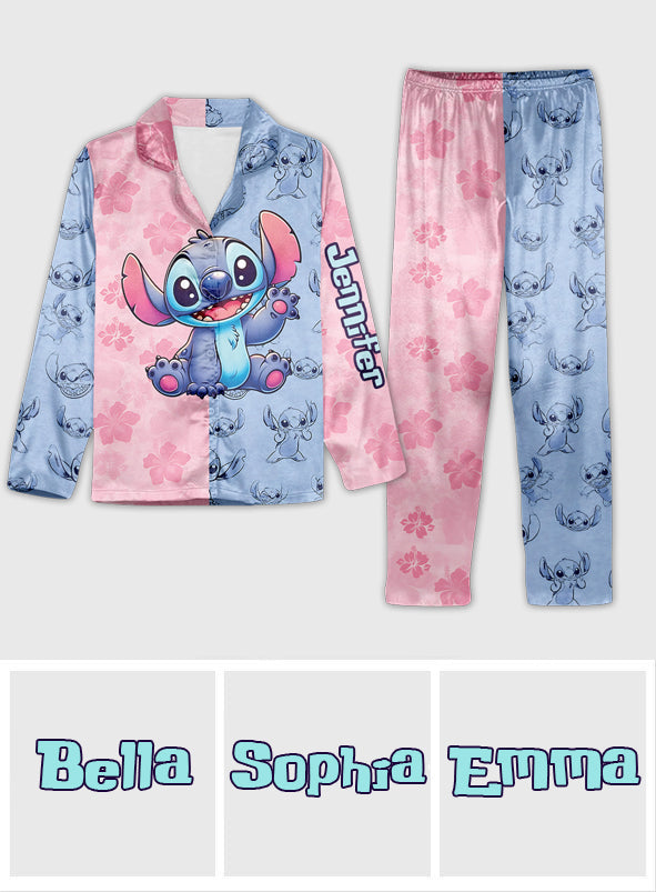 Personalized Satin Button Down Pajamas Set for Mom - Cute Stitch Design Button Down Pajamas GradoCreations