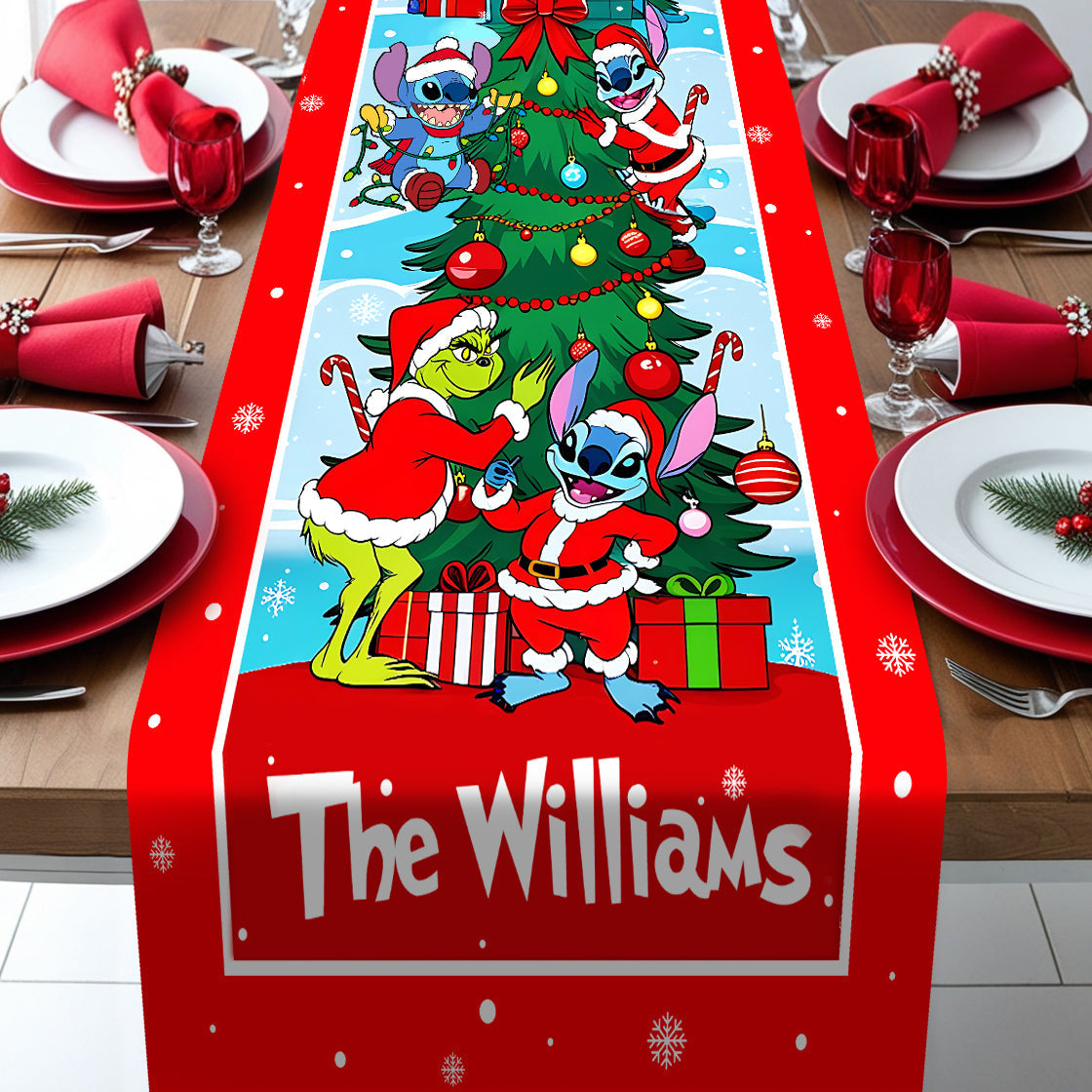 Personalized Christmas Table Runner with Family Name - Festive Holiday Decor Table Runner GradoCreations