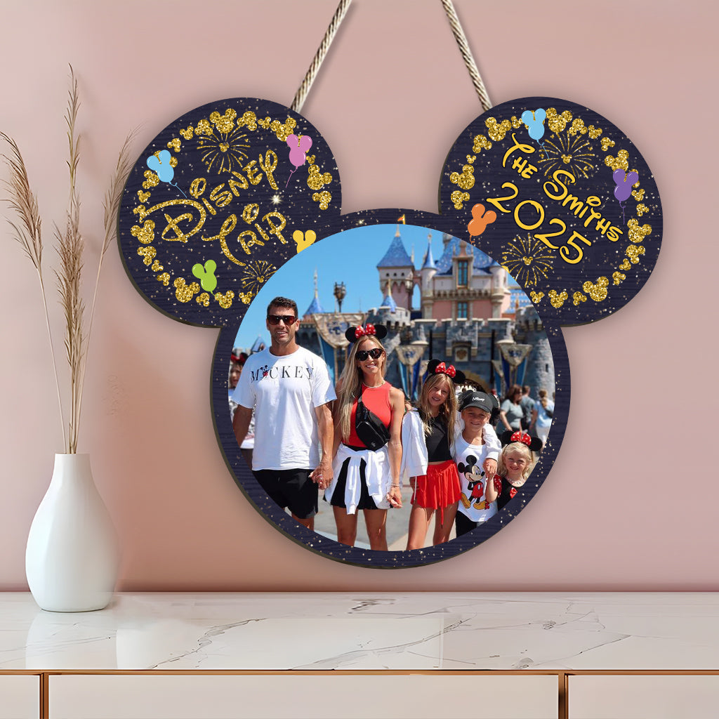 Custom Family Trip Mouse Shaped Wood Sign with Photo Wood Sign GradoCreations