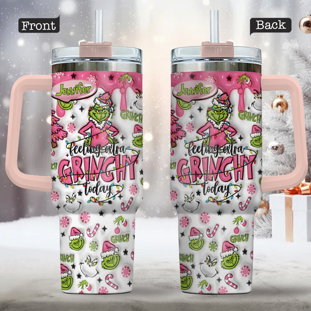 Personalized Grinch Christmas Tumbler with Handle for Holiday Fun Tumbler With Handle GradoCreations