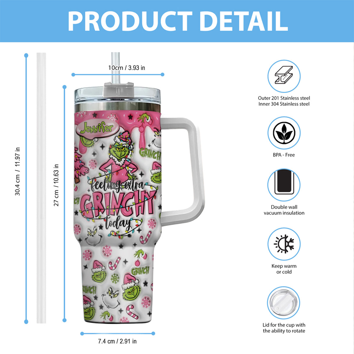 Personalized Grinch Christmas Tumbler with Handle for Holiday Fun Tumbler With Handle GradoCreations