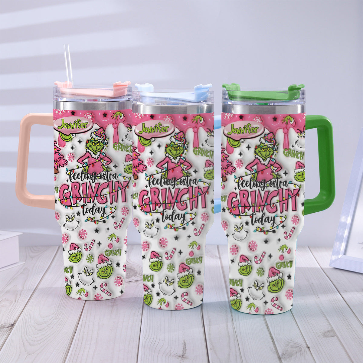 Personalized Grinch Christmas Tumbler with Handle for Holiday Fun Tumbler With Handle GradoCreations
