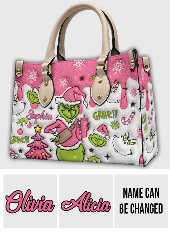 Personalized Leather Handbag with Grinch Design for Women - Custom Name Gift Leather Handbag GradoCreations