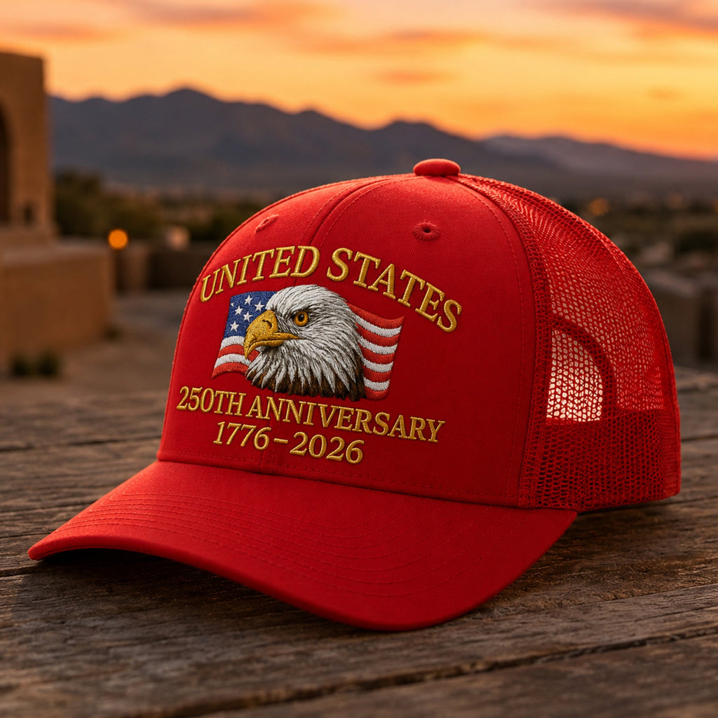 Embroidered Eagle Trucker Hat Custom 250th Anniversary Gift HN590 - Embroidered Trucker Hat fix GradoCreations