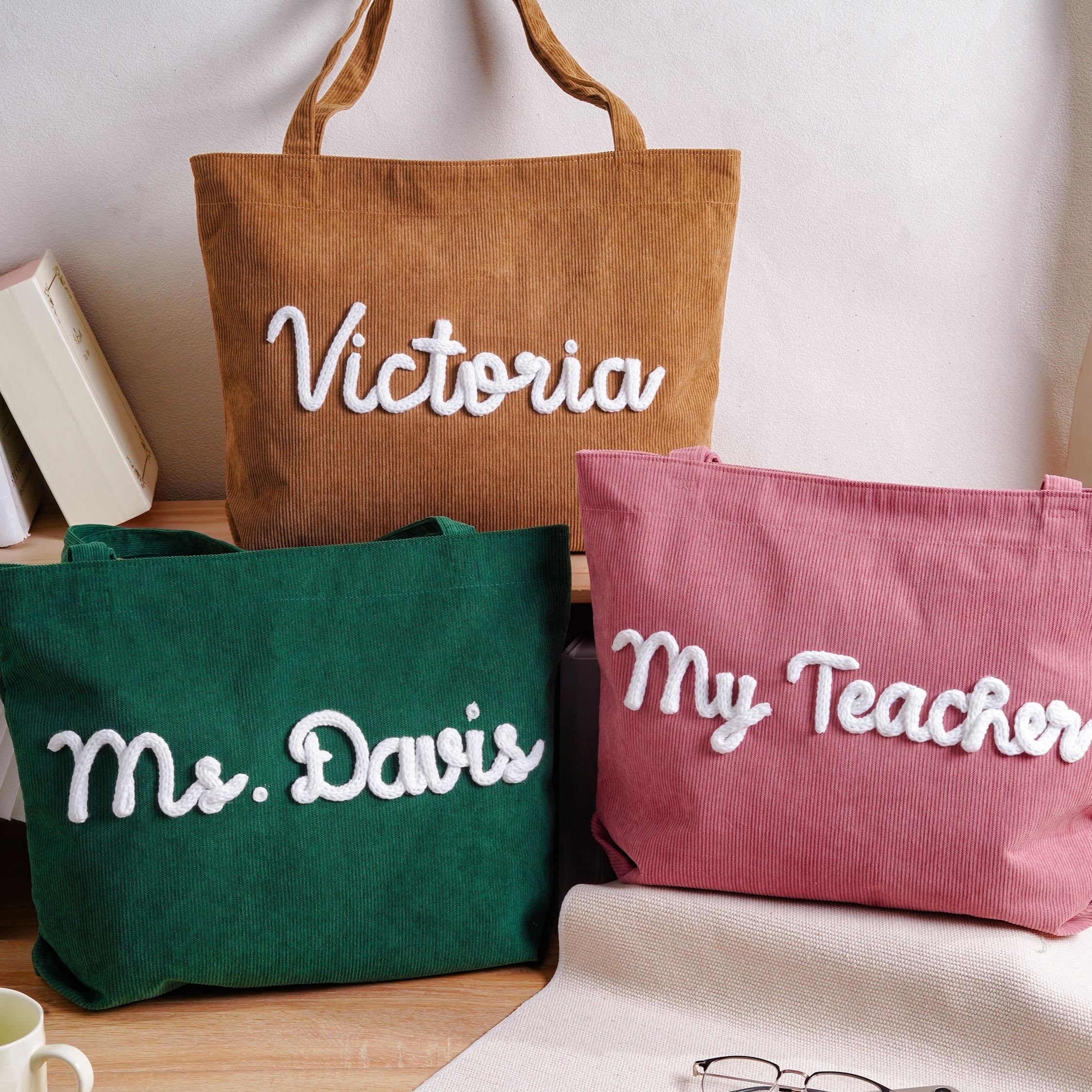 Personalized Corduroy Yarn Tote Bag Teacher Gift Custom Name Corduroy Yarn Tote Bag FIX GradoCreations