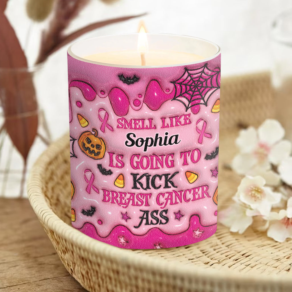 Personalized Breast Cancer Awareness Candle with Wooden Lid | Custom Name Gift Candle With Wooden Lid GradoCreations