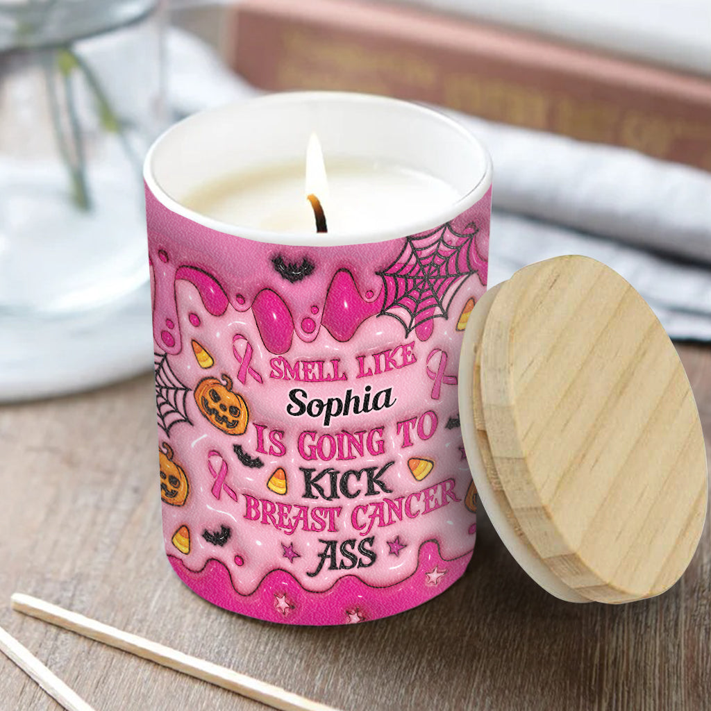 Personalized Breast Cancer Awareness Candle with Wooden Lid | Custom Name Gift Candle With Wooden Lid GradoCreations