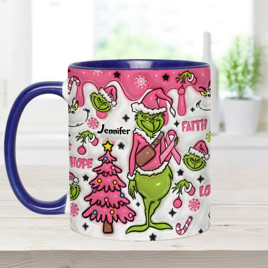 Personalized Breast Cancer Awareness Accent Mug with Grinch Design for Gift Accent Mug GradoCreations