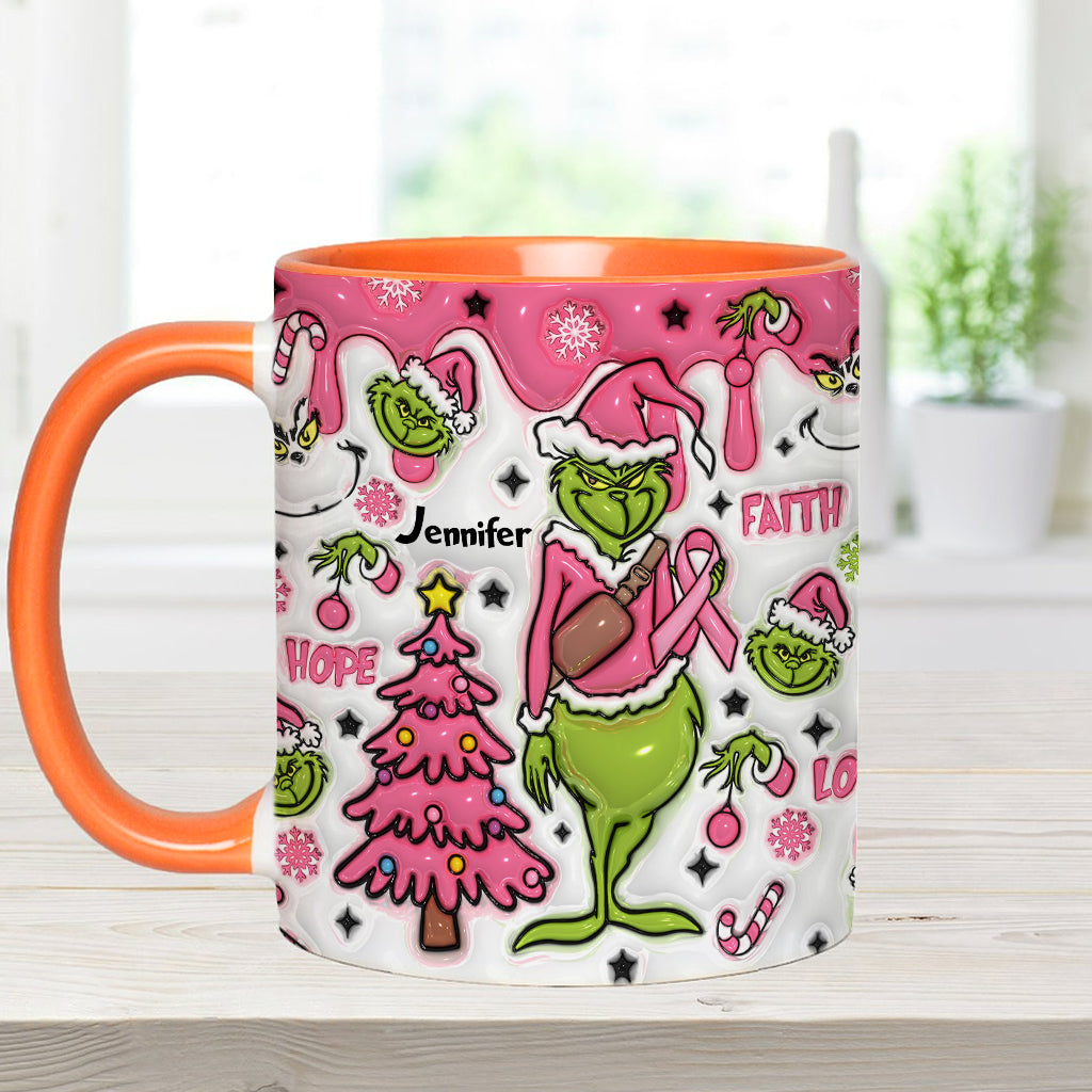 Personalized Breast Cancer Awareness Accent Mug with Grinch Design for Gift Accent Mug GradoCreations
