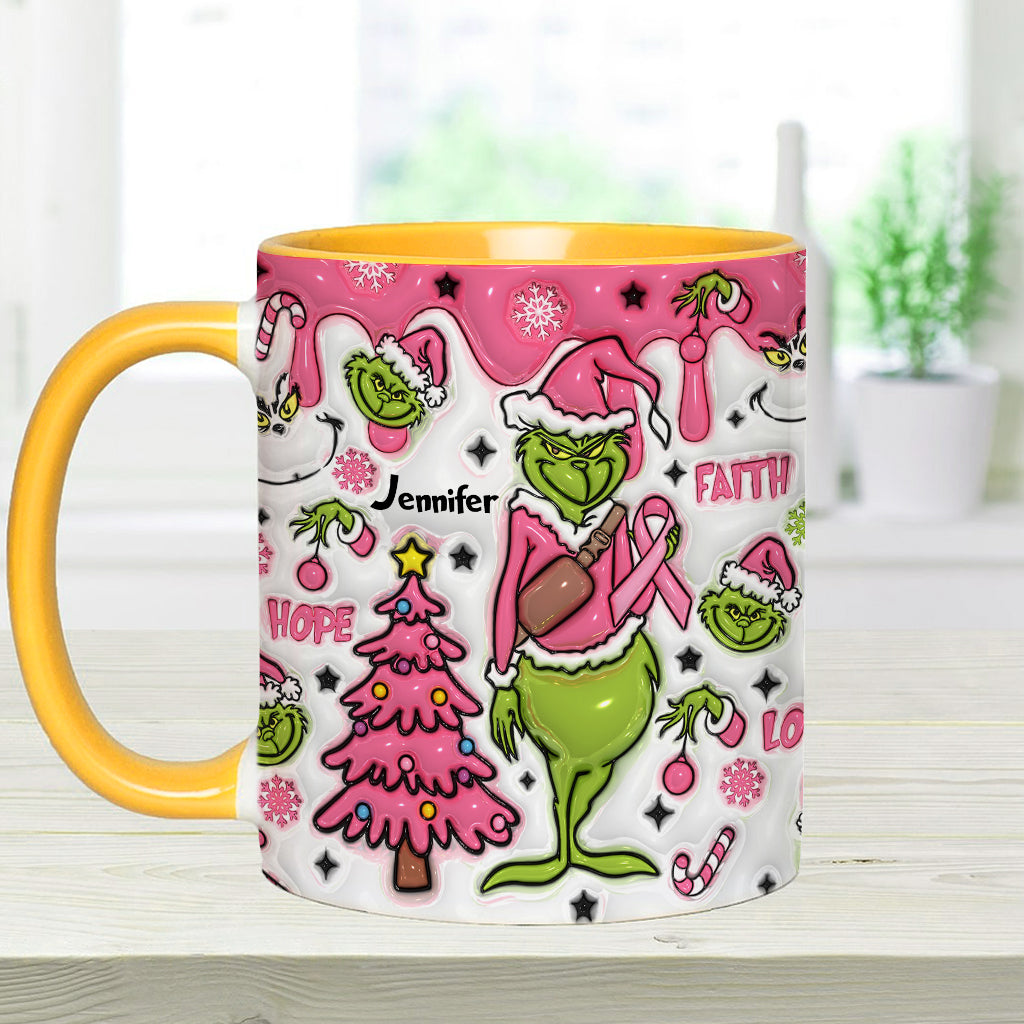 Personalized Breast Cancer Awareness Accent Mug with Grinch Design for Gift Accent Mug GradoCreations