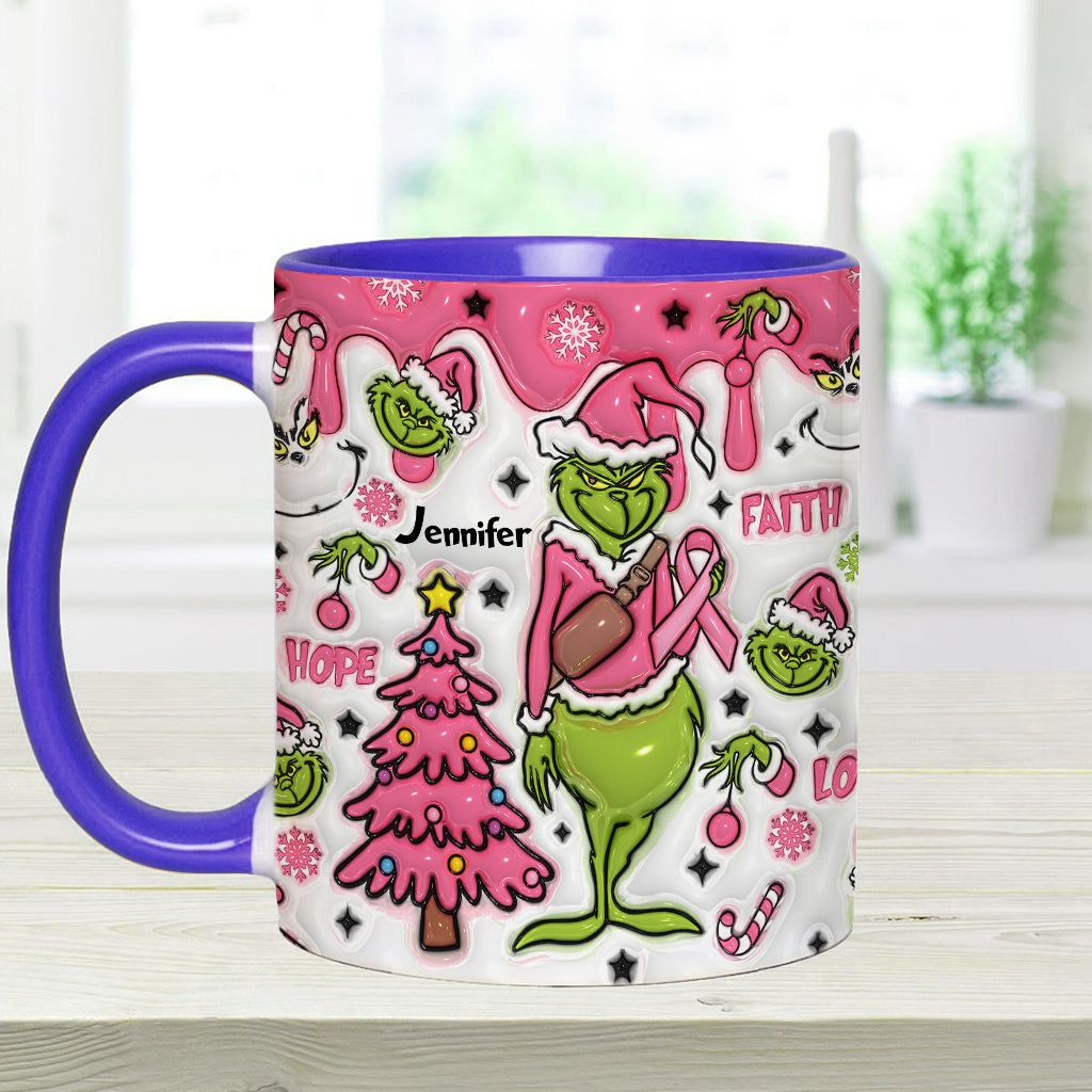 Personalized Breast Cancer Awareness Accent Mug with Grinch Design for Gift Accent Mug GradoCreations