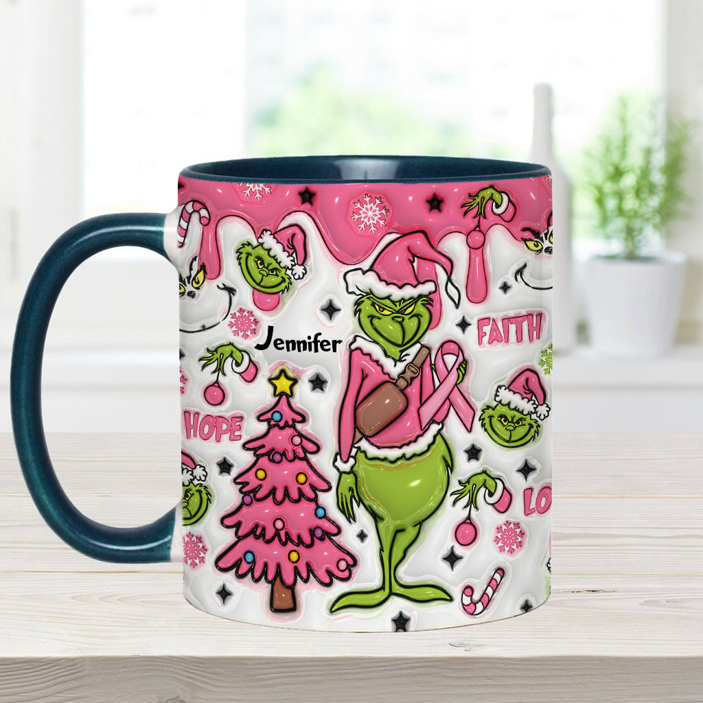 Personalized Breast Cancer Awareness Accent Mug with Grinch Design for Gift Accent Mug GradoCreations