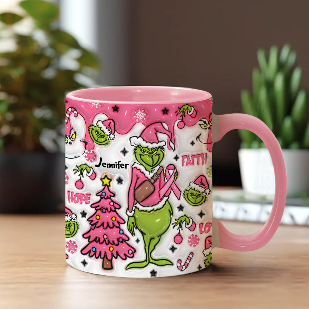 Personalized Breast Cancer Awareness Accent Mug with Grinch Design for Gift Accent Mug GradoCreations