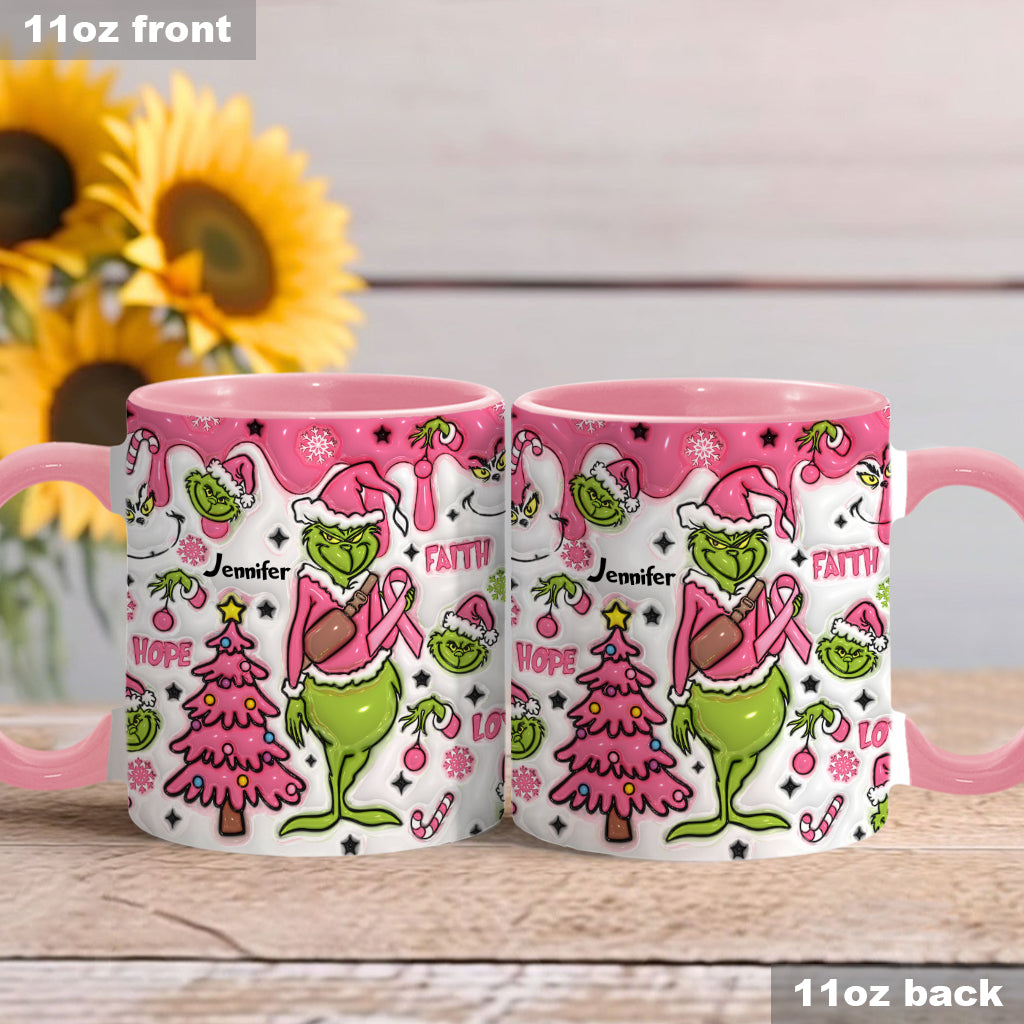 Personalized Breast Cancer Awareness Accent Mug with Grinch Design for Gift Accent Mug GradoCreations