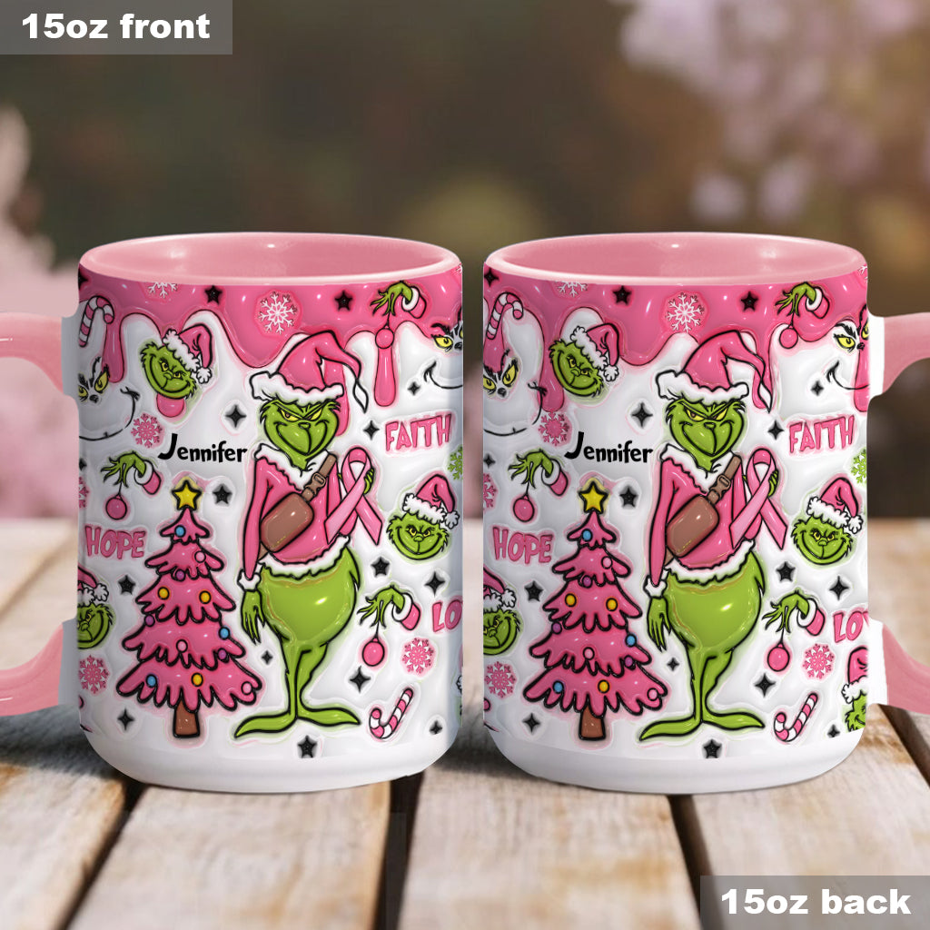 Personalized Breast Cancer Awareness Accent Mug with Grinch Design for Gift Accent Mug GradoCreations