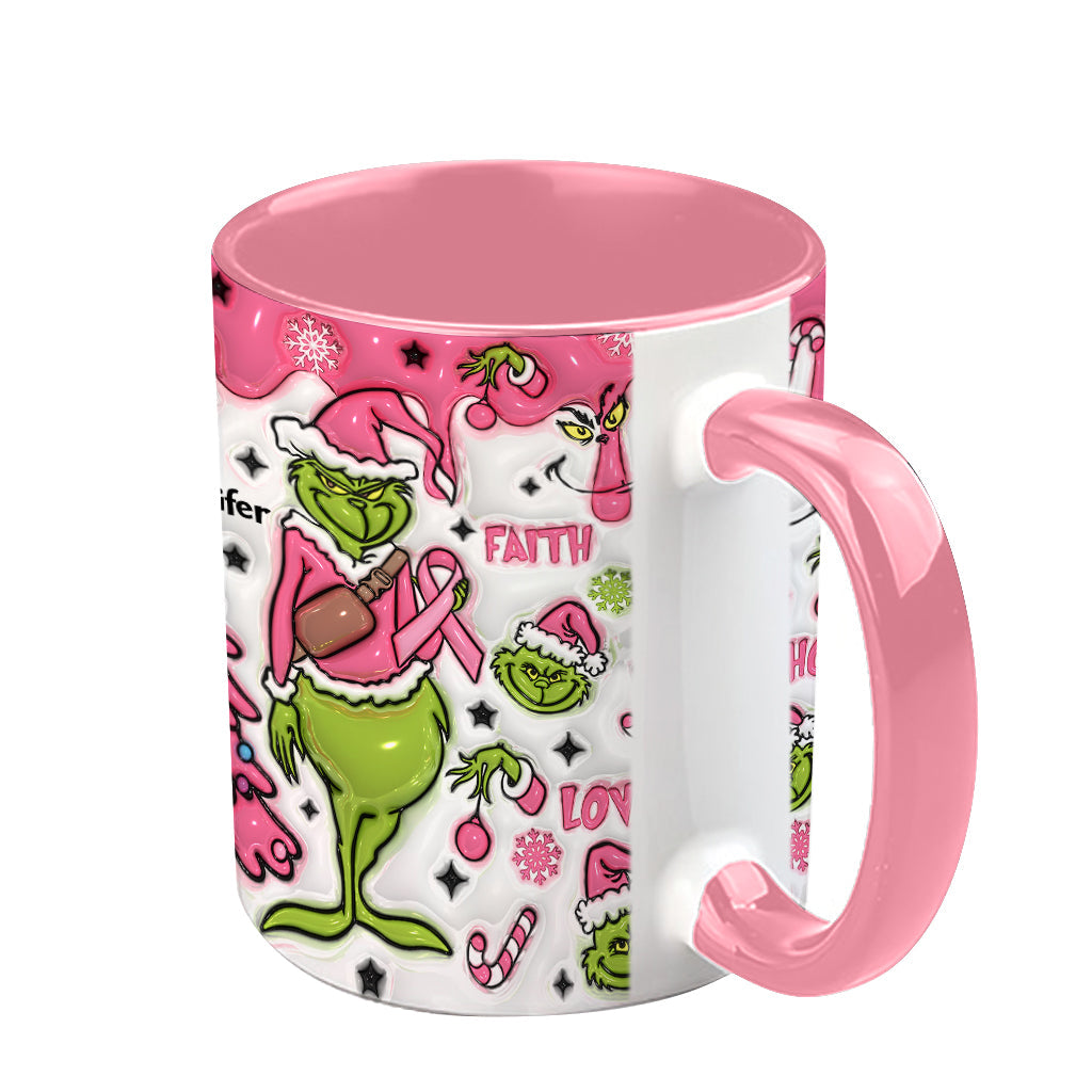 Personalized Breast Cancer Awareness Accent Mug with Grinch Design for Gift Accent Mug GradoCreations