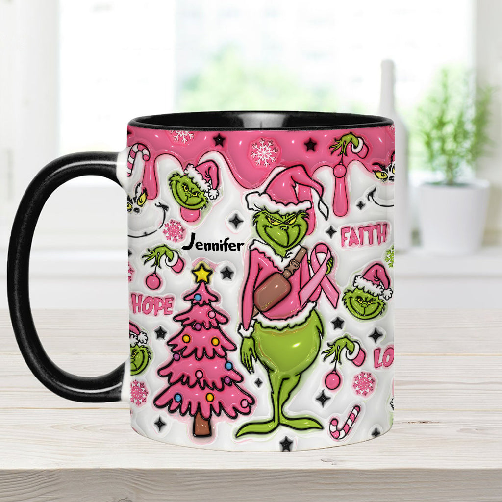 Personalized Breast Cancer Awareness Accent Mug with Grinch Design for Gift Accent Mug GradoCreations