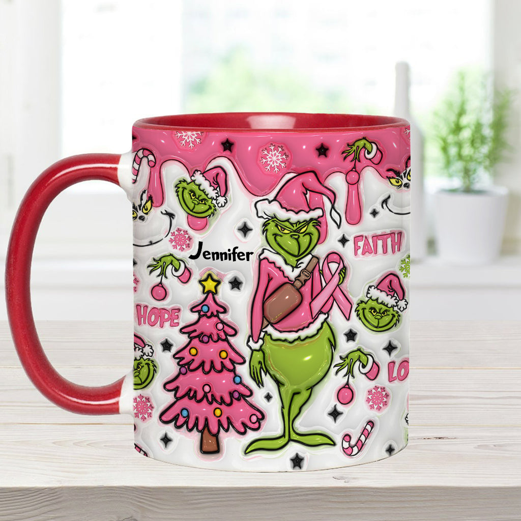 Personalized Breast Cancer Awareness Accent Mug with Grinch Design for Gift Accent Mug GradoCreations