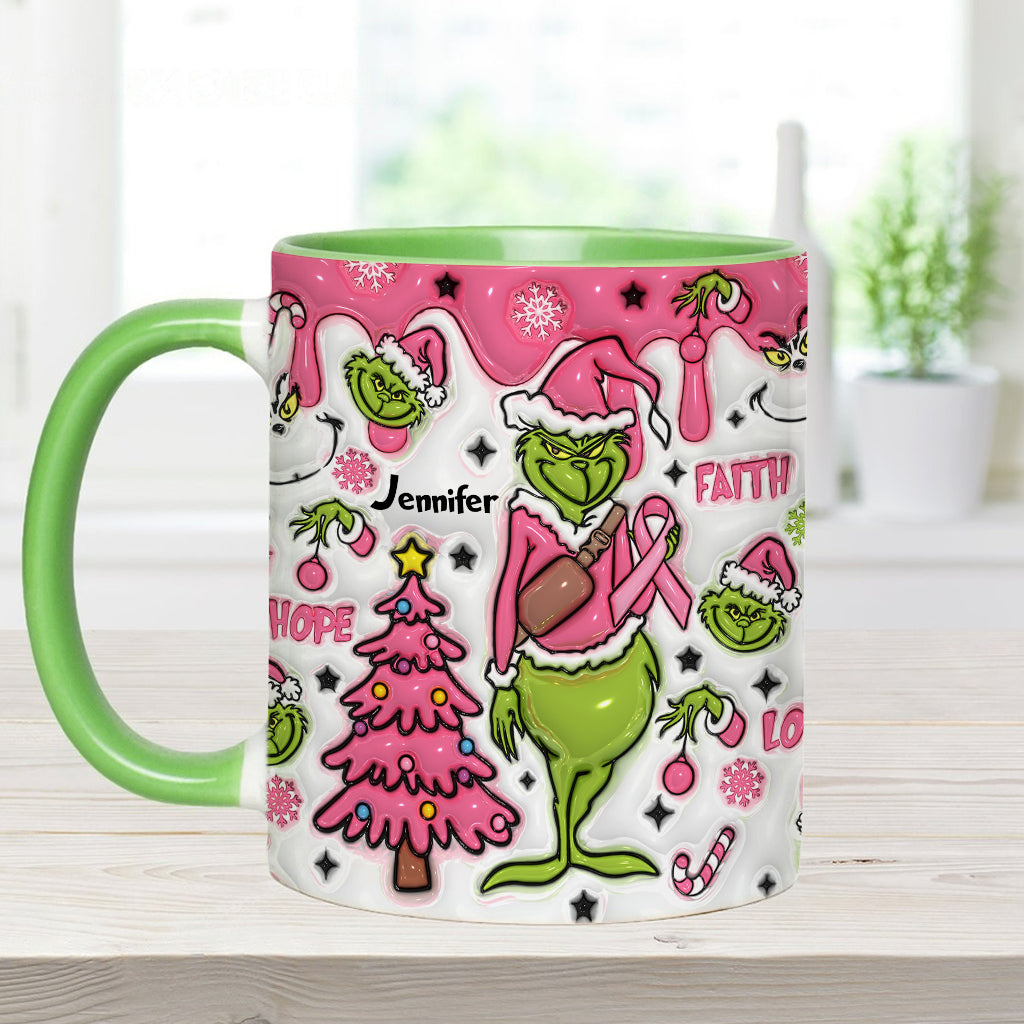 Personalized Breast Cancer Awareness Accent Mug with Grinch Design for Gift Accent Mug GradoCreations