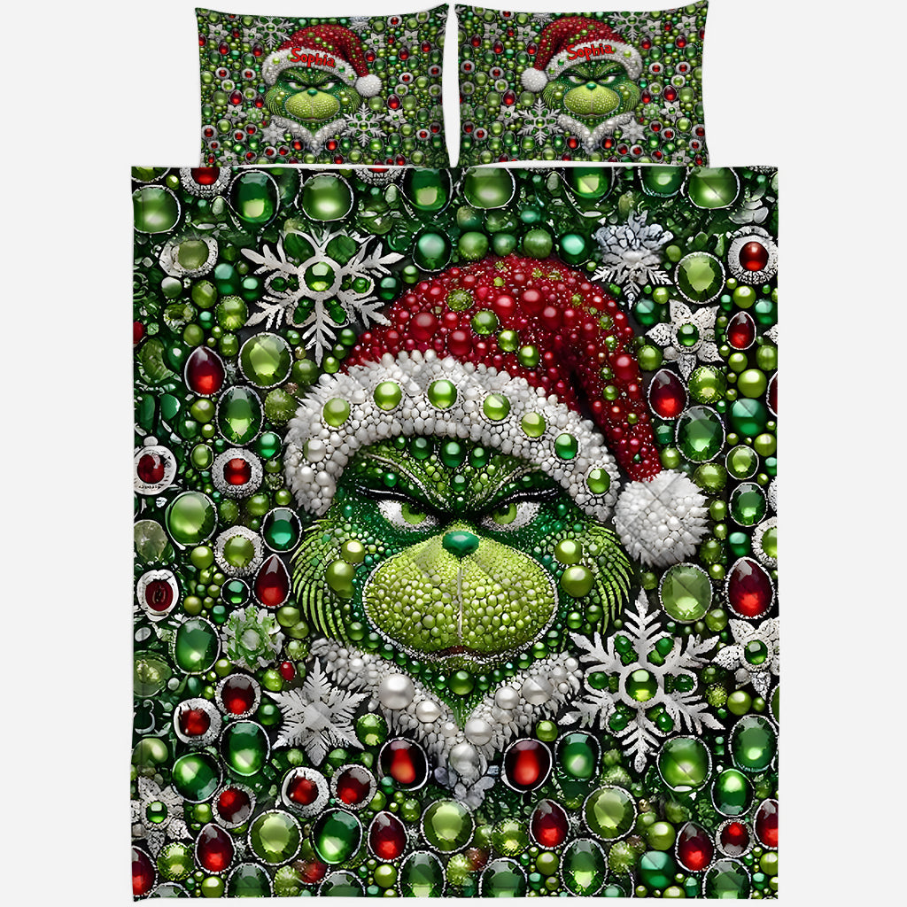 Personalized Grinchmas Quilt Set with Pillow Covers for Christmas Quilt Set GradoCreations