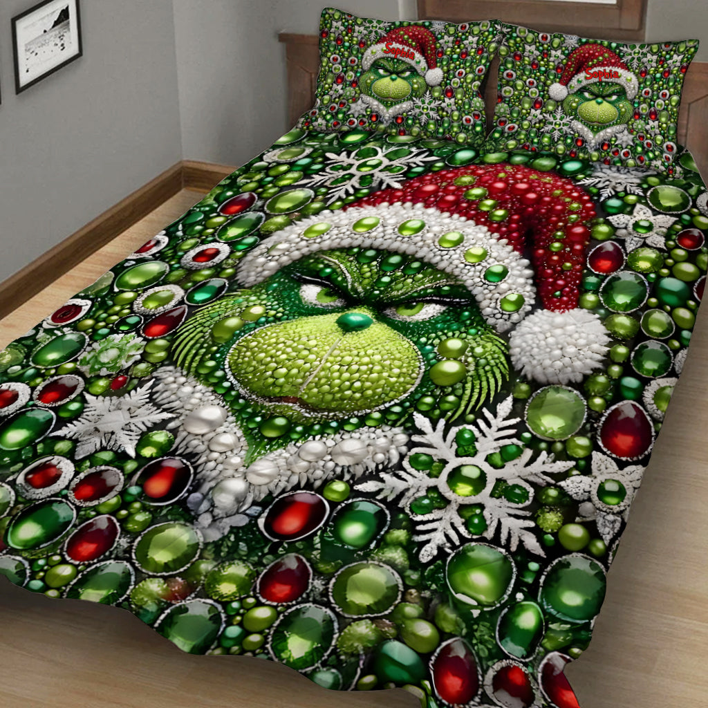 Personalized Grinchmas Quilt Set with Pillow Covers for Christmas Quilt Set GradoCreations