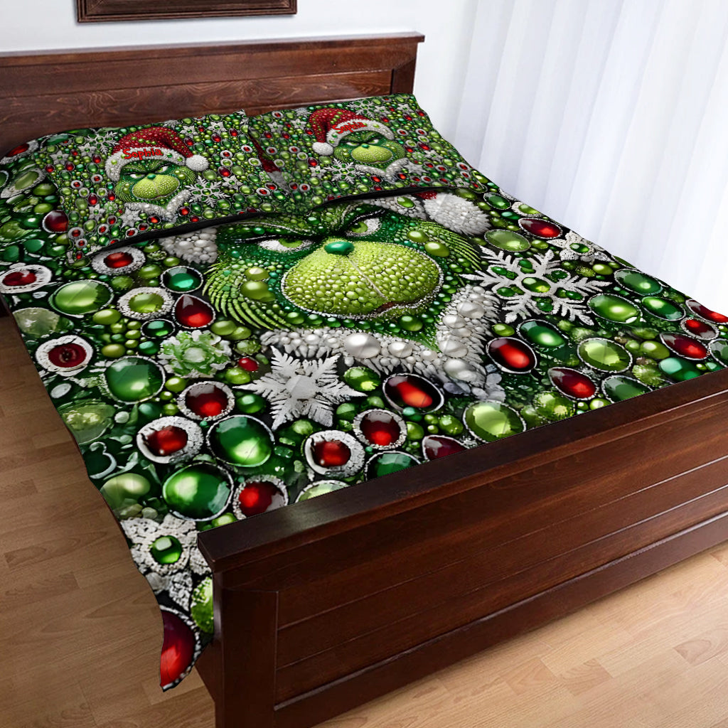 Personalized Grinchmas Quilt Set with Pillow Covers for Christmas Quilt Set GradoCreations
