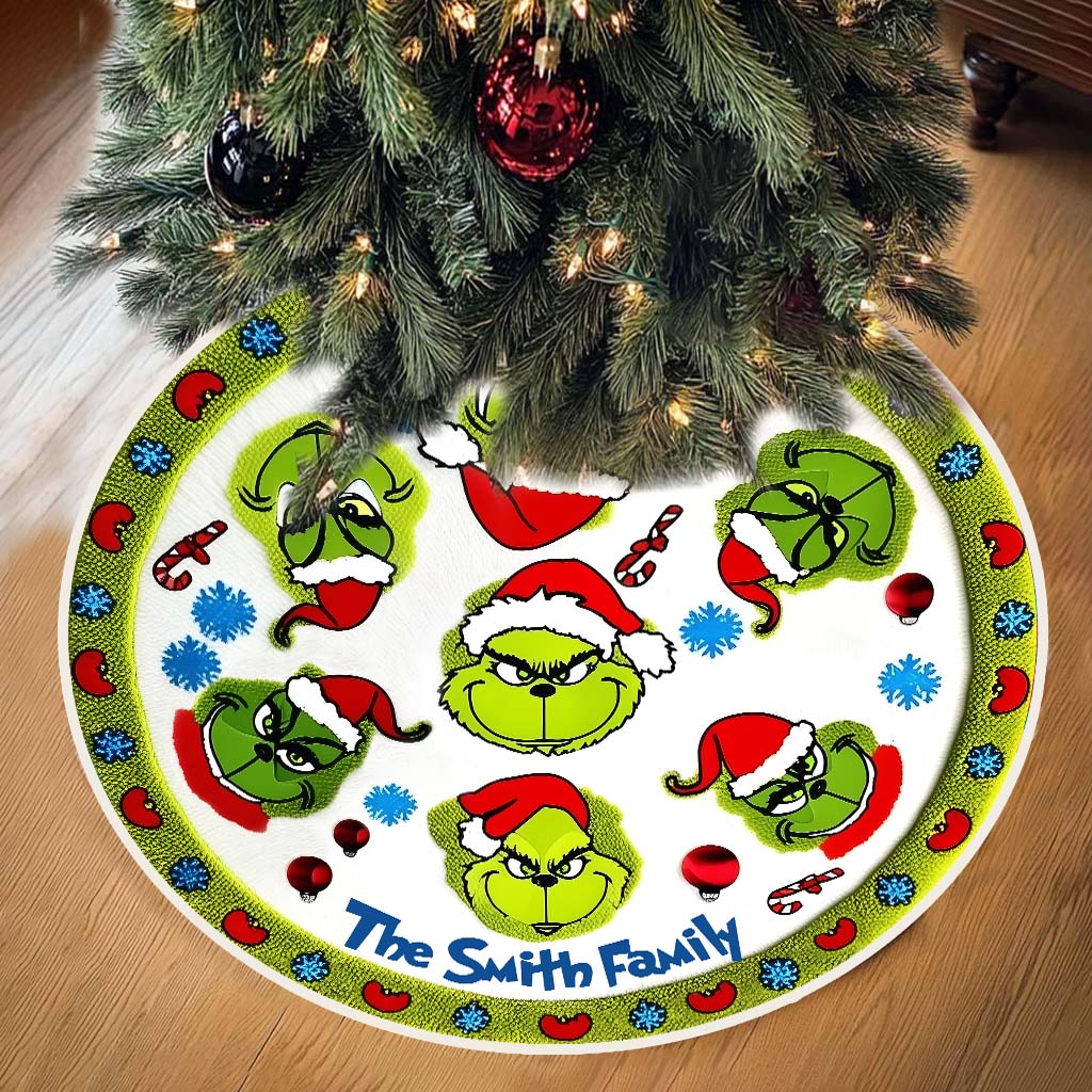 Personalized Grinch Christmas Tree Skirt Custom Family Name Gift Tree Skirt GradoCreations