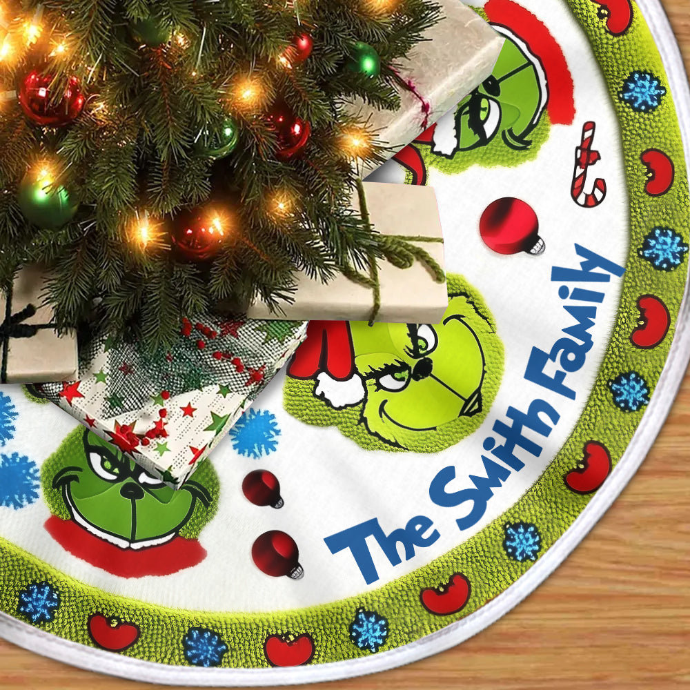 Personalized Grinch Christmas Tree Skirt Custom Family Name Gift Tree Skirt GradoCreations