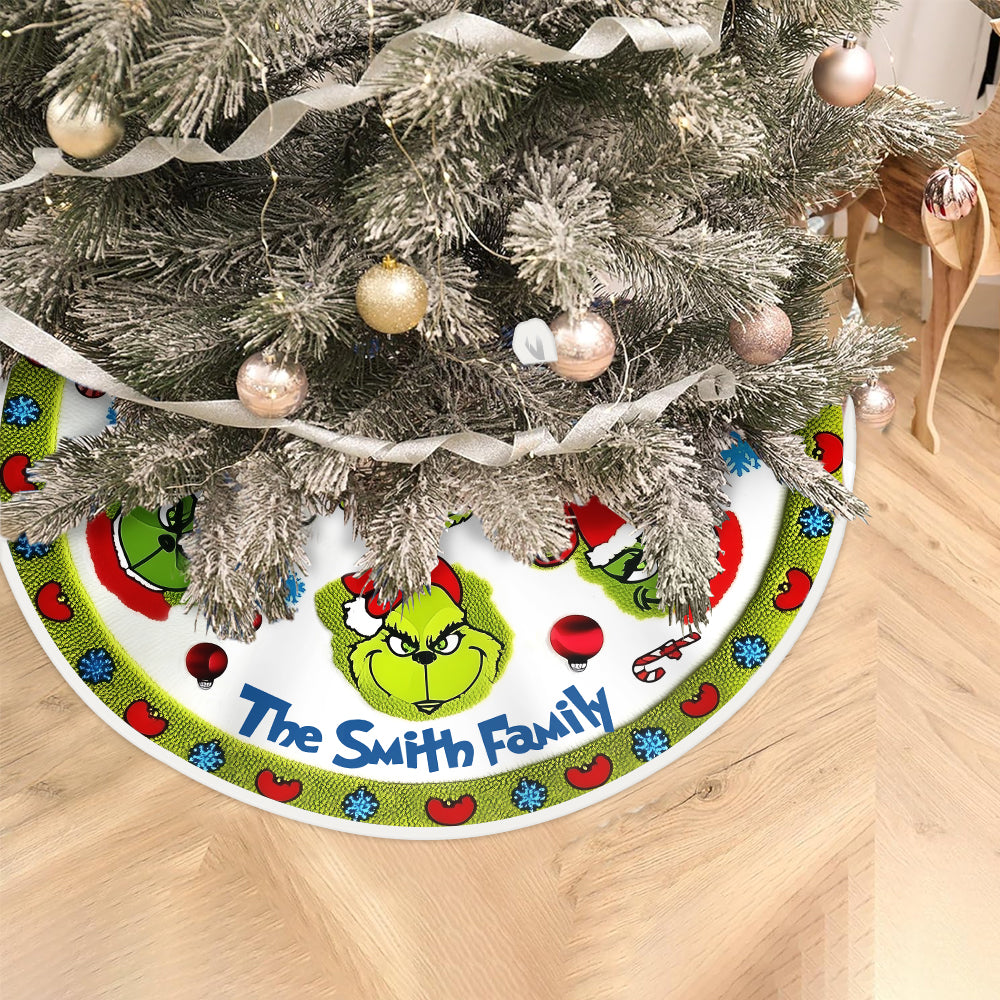 Personalized Grinch Christmas Tree Skirt Custom Family Name Gift Tree Skirt GradoCreations