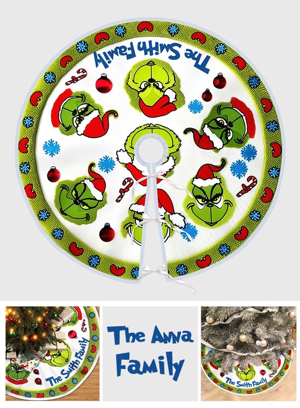 Personalized Grinch Christmas Tree Skirt Custom Family Name Gift Tree Skirt GradoCreations