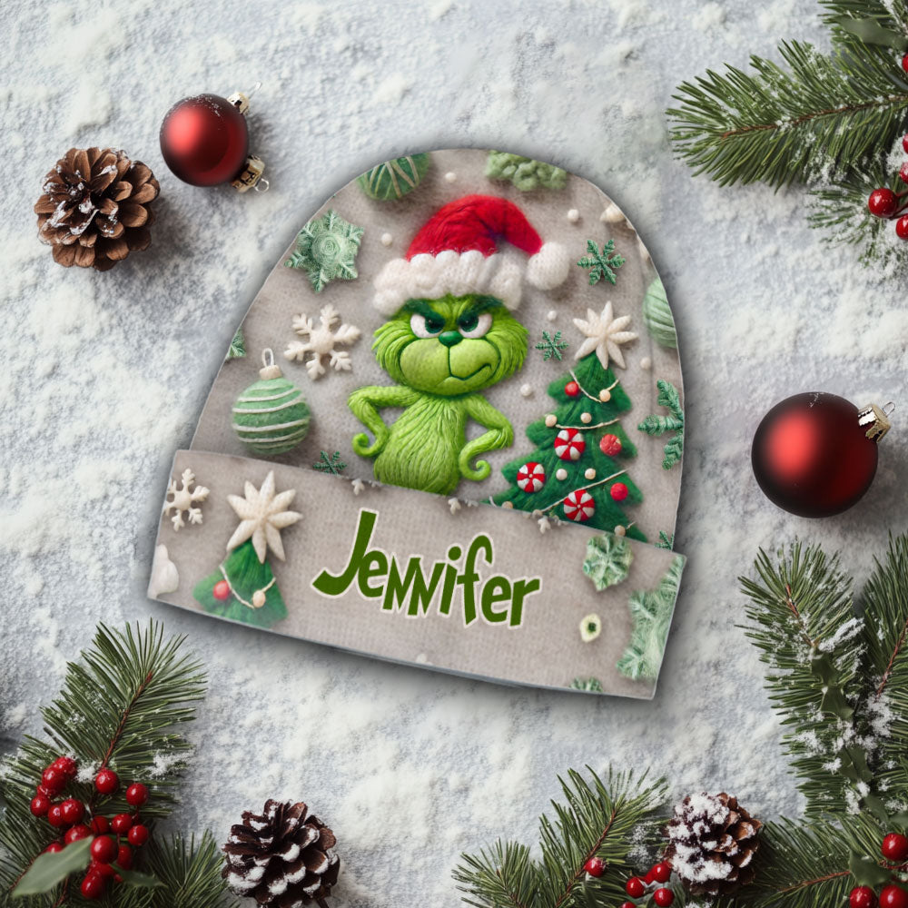 Personalized Merry Grinchmas Beanie Hat Custom Name Holiday Gift Beanie Hat GradoCreations