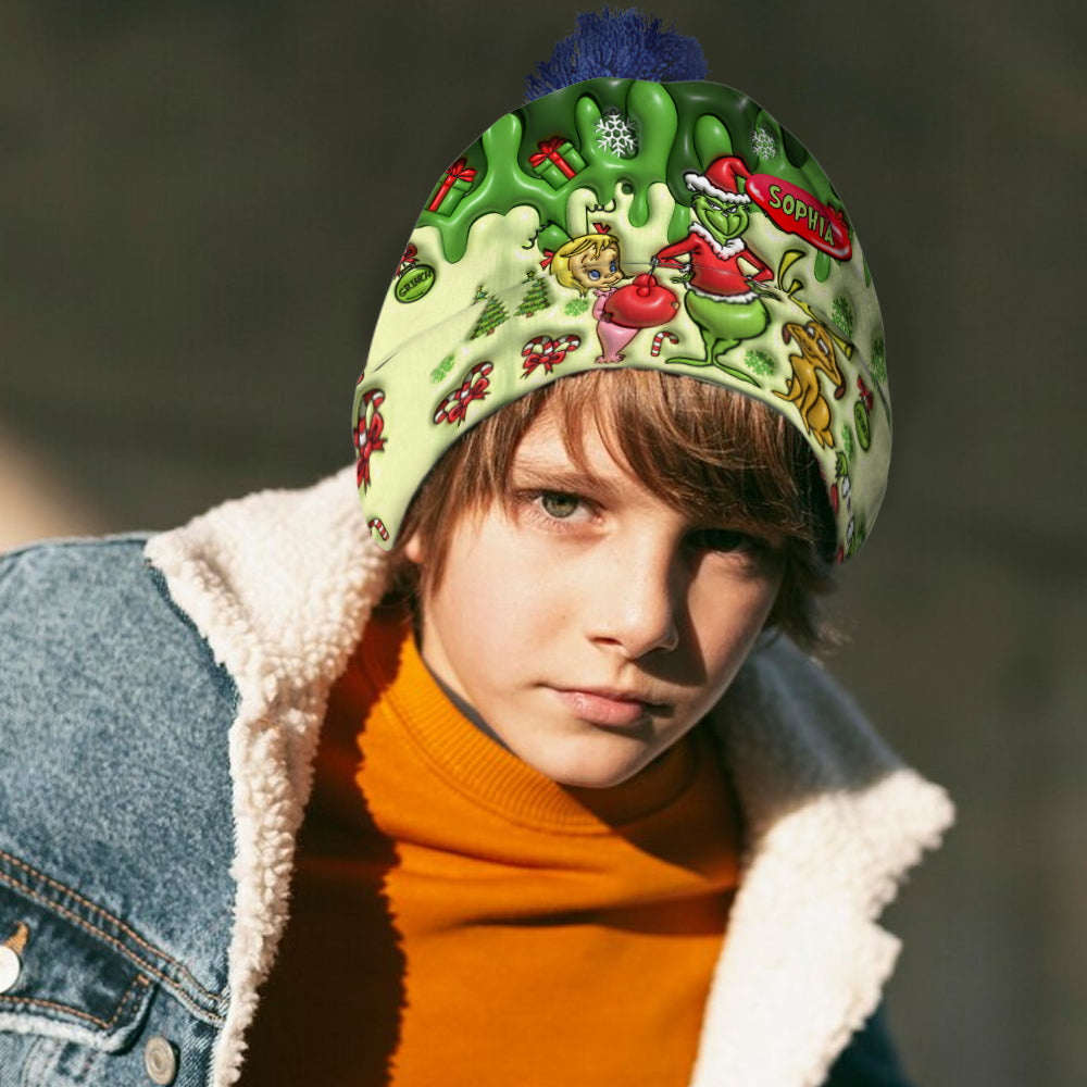Personalized Christmas Beanie Hat with Grinch Design for Kids Beanie Hat GradoCreations