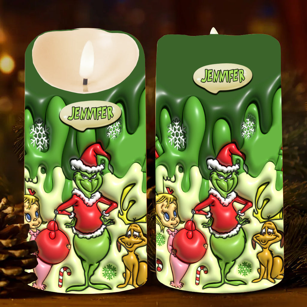 Personalized Grinch Flameless Candle Custom Name Christmas Gift Flameless Candle GradoCreations