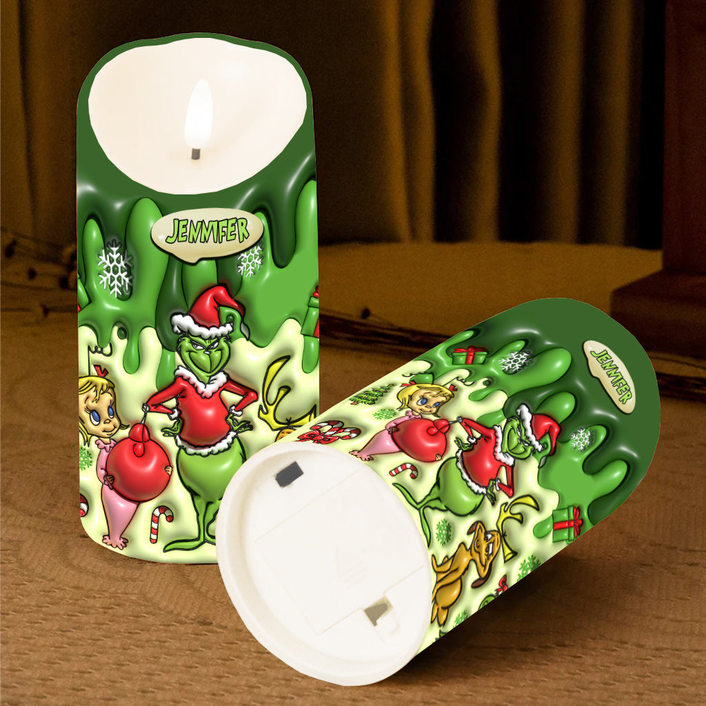 Personalized Grinch Flameless Candle Custom Name Christmas Gift Flameless Candle GradoCreations