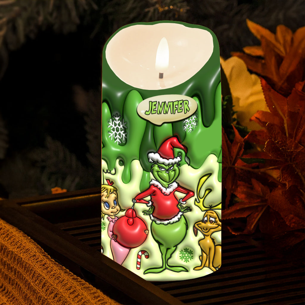 Personalized Grinch Flameless Candle Custom Name Christmas Gift Flameless Candle GradoCreations