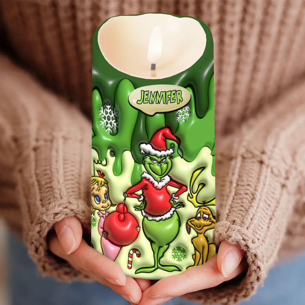 Personalized Grinch Flameless Candle Custom Name Christmas Gift Flameless Candle GradoCreations