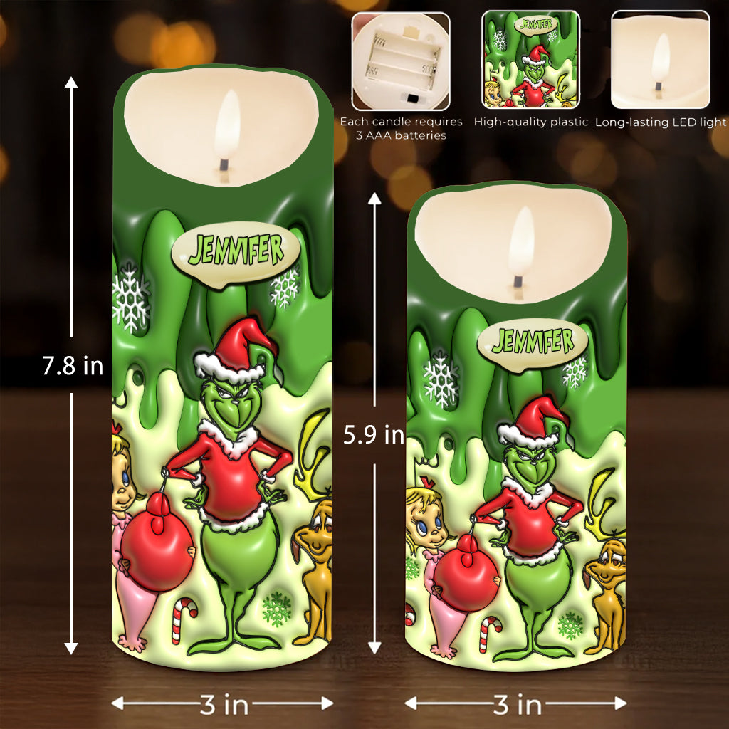Personalized Grinch Flameless Candle Custom Name Christmas Gift Flameless Candle GradoCreations