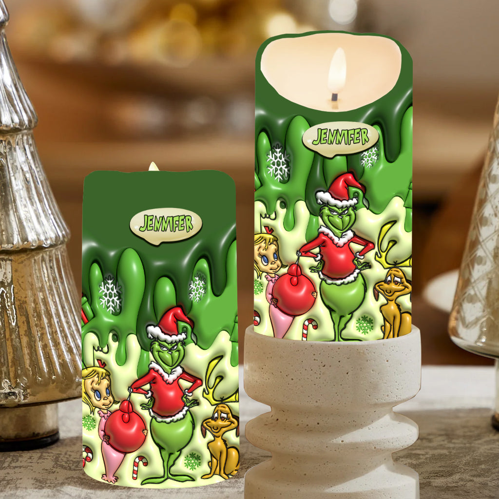 Personalized Grinch Flameless Candle Custom Name Christmas Gift Flameless Candle GradoCreations