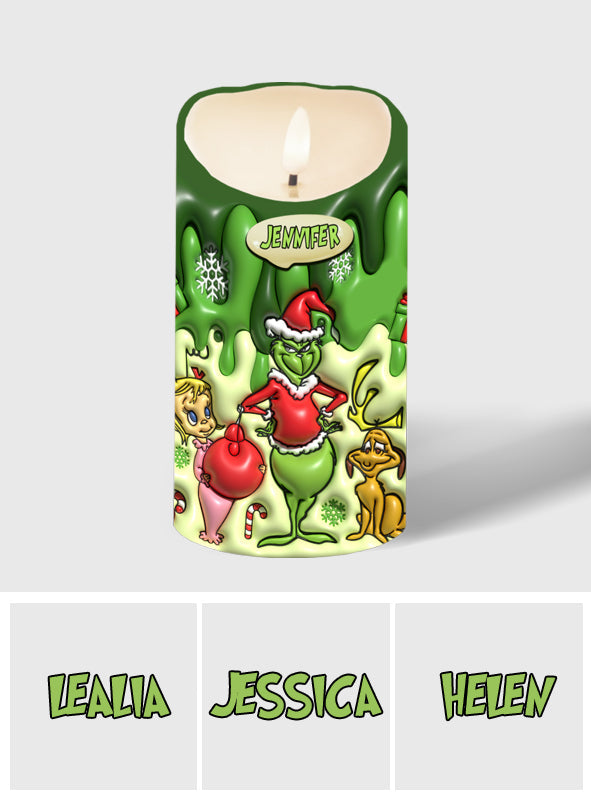Personalized Grinch Flameless Candle Custom Name Christmas Gift Flameless Candle GradoCreations