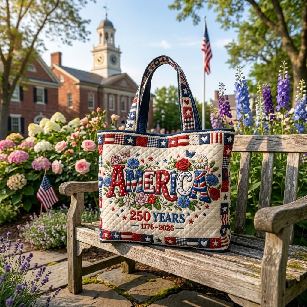 Patriotic Quilted Tote Bag America Floral - Gift for Her