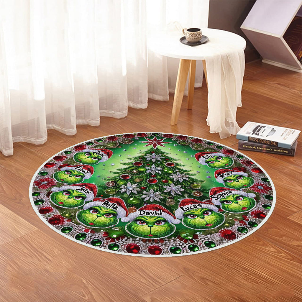Personalized Merry Grinchmas Round Rug Custom Family Names Holiday Decor Round Rug GradoCreations