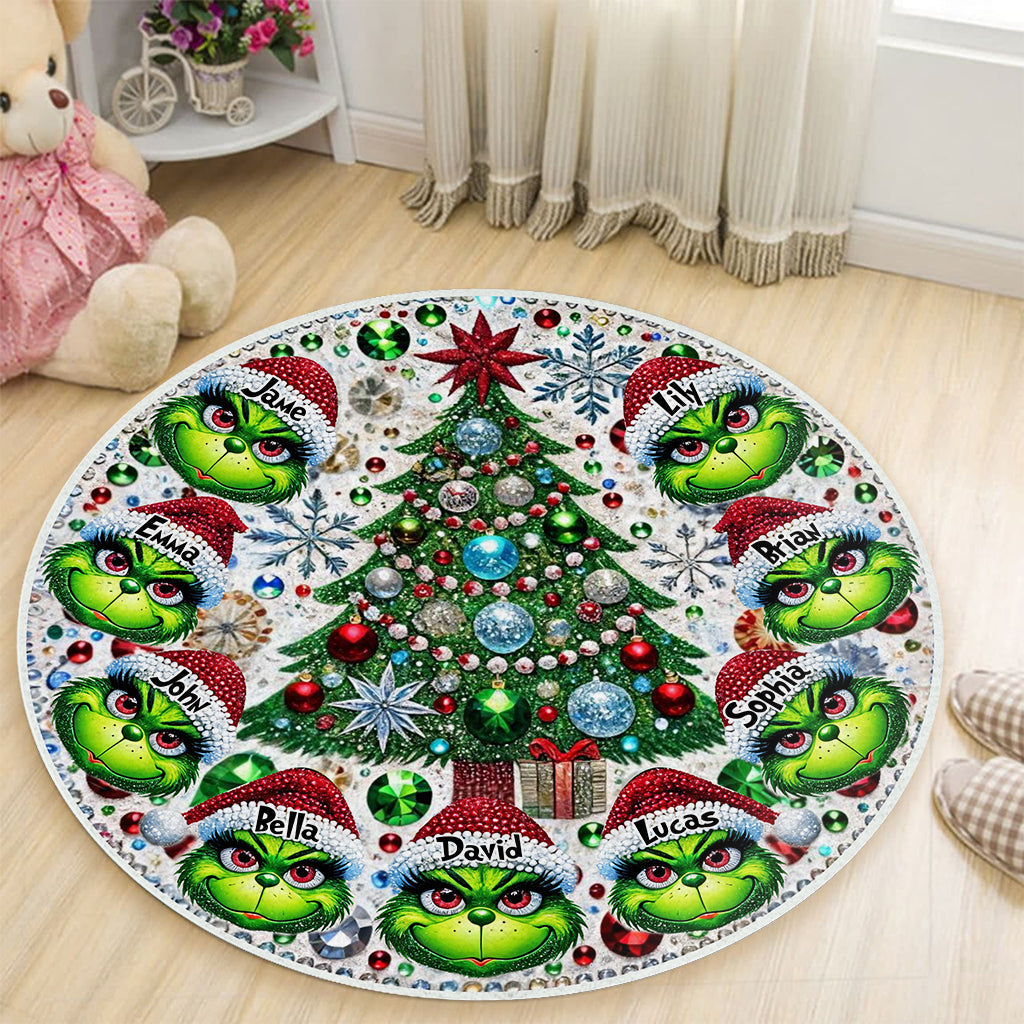 Personalized Merry Grinchmas Round Rug Custom Family Names Holiday Decor Round Rug GradoCreations