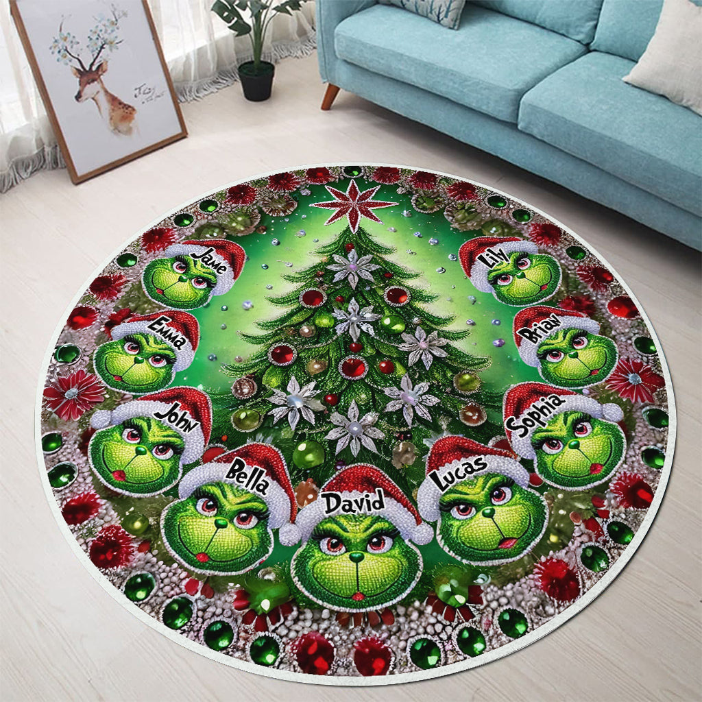 Personalized Merry Grinchmas Round Rug Custom Family Names Holiday Decor Round Rug GradoCreations